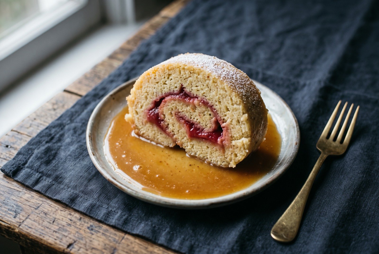 Guava duff, a steamed guava filled pudding roll with rum butter sauce: a thick slice of pale golden steamed pudding roll cut to reveal a swirl of deep pink guava filling within, sitting in a pool of glossy amber rum butter sauce.