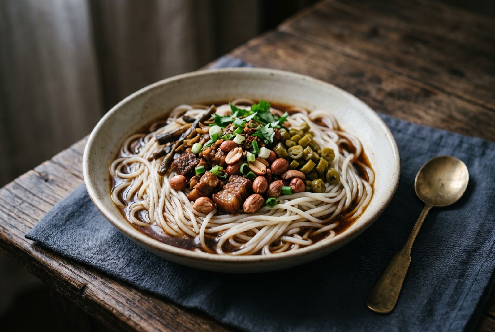 Guilin mifen, rice noodles in a spiced brown lu shui broth topped with braised meat and peanuts: a shallow bowl of thin white rice noodles lightly coated in a dark, glossy spiced brown liquid, a small pile of chopped braised meat and peanuts on top.