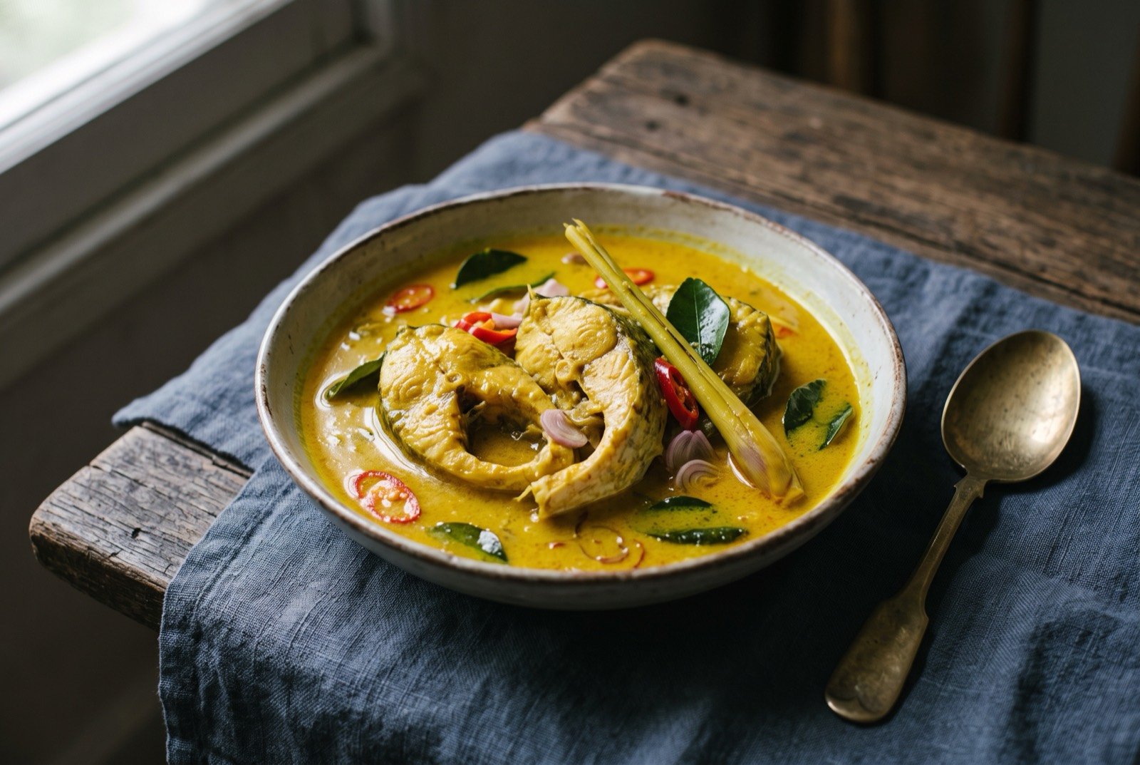 Gulai ikan patin, river catfish in a yellow turmeric coconut broth: large, bone-in pieces of pale catfish sitting in a shallow bowl of glossy, deep yellow turmeric broth, a few slices of red chilli and a sprig of lemongrass visible at the surface.