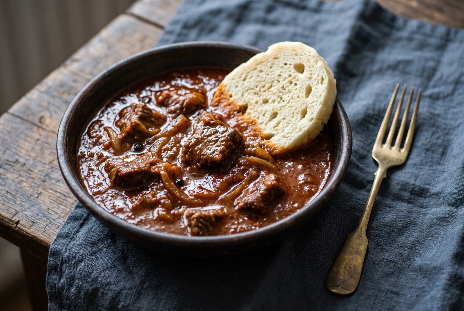 Guláš, a slow braised paprika beef stew: a deep reddish brown beef stew thick with collapsed onion, served in a rustic dark bowl, the surface glossy with rendered fat.