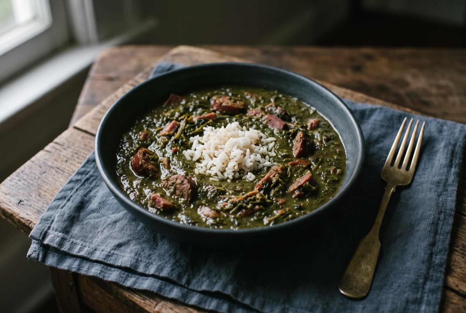 Gumbo z'herbes, Leah Chase's Holy Thursday green gumbo: a bowl of thick, dark forest green gumbo, flecked with pieces of smoked sausage and ham, a small mound of white rice at the centre.