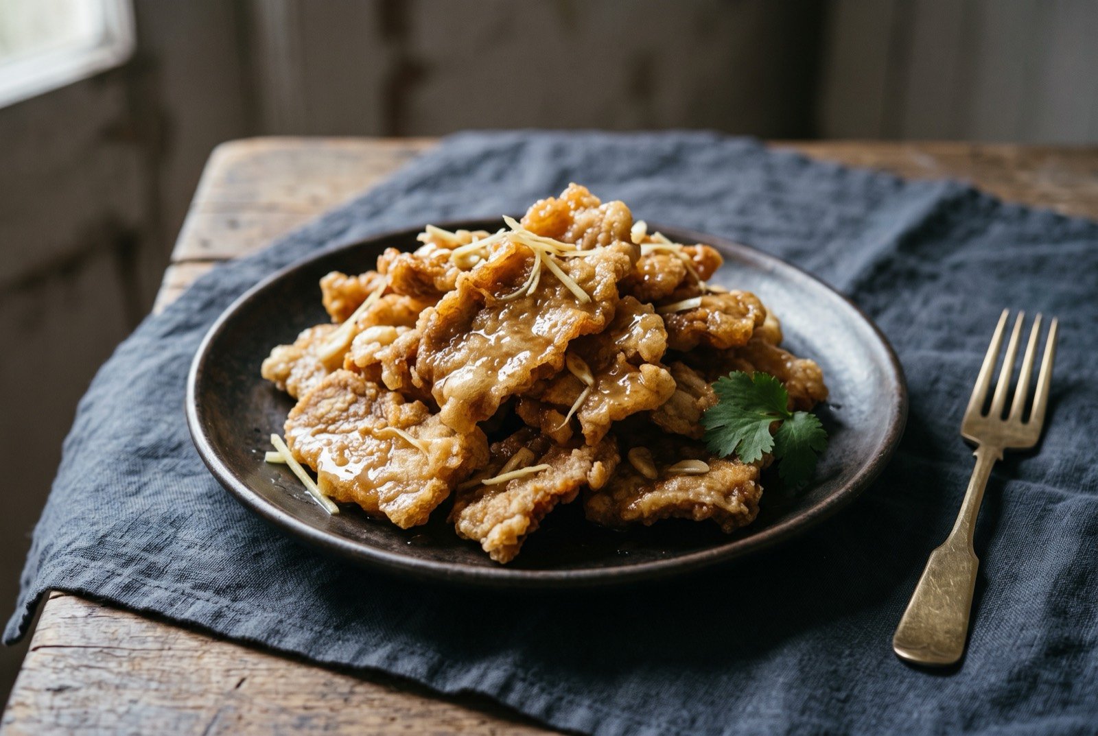 Guobaorou, double fried pork in a glossy sweet and sour glaze: a pile of irregular, deeply crisp battered pork pieces on a dark plate, each coated in a thin, glossy pale amber sweet and sour glaze that clings rather than pools.