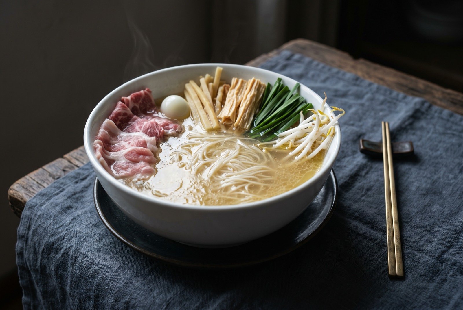Guoqiao mixian, crossing-the-bridge rice noodles served with raw ingredients cooked at the table by a fat-sealed broth: a large deep white bowl of pale golden broth with a thin layer of fat sheening the surface, thin rice noodles submerged beneath it.