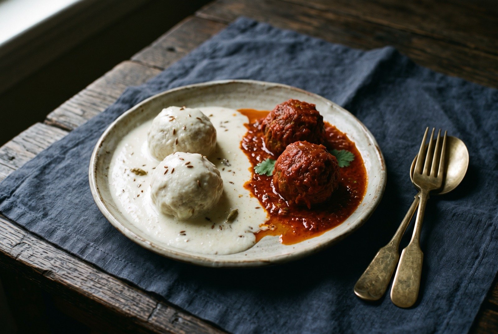 Gushtaba and rista, pounded meatballs in white and red gravy: two pale ivory pounded meatballs sitting in a thin white yoghurt gravy on one side of the plate, and two deep red meatballs in a red chilli gravy on the other.