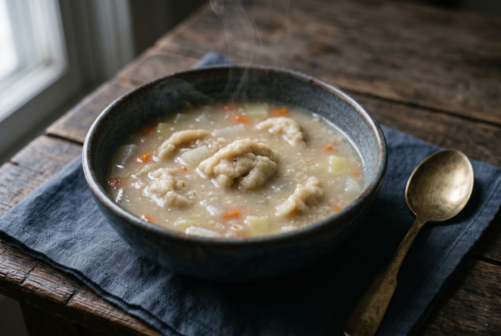 Guthuk, New Year's Eve soup with hidden divination dumplings: a deep bowl of pale barley-thickened broth, diced radish, carrot and potato visible beneath the surface, a few round dough dumplings breaking the surface.