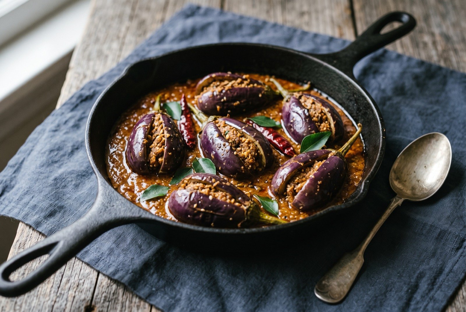 Gutti vankaya kura, small aubergines stuffed with peanut, sesame and tamarind: several small whole aubergines, quartered but still joined at the stem, sitting in a thick reddish brown peanut and tamarind gravy in a dark shallow pan.