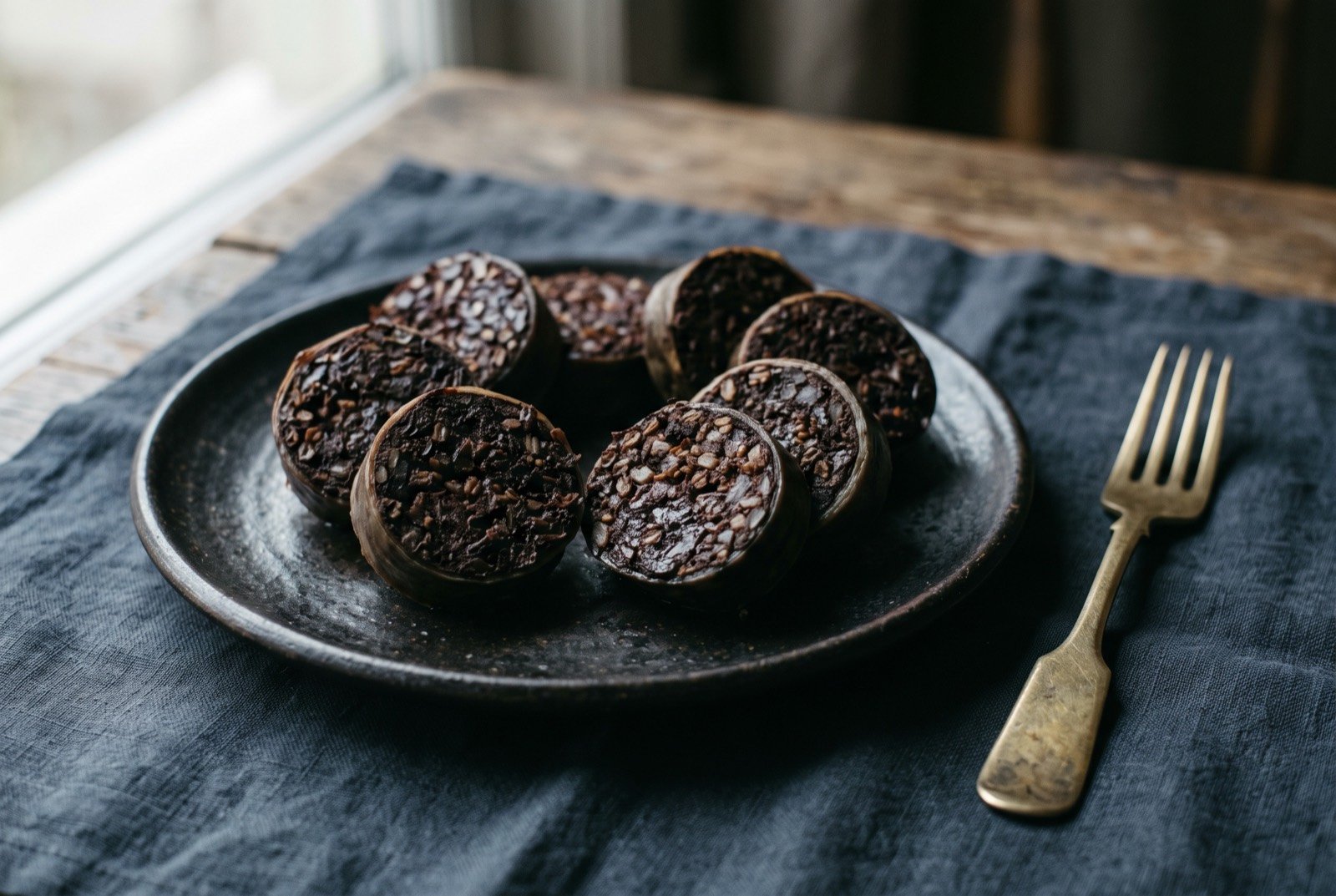 Gyuma, blood sausage sliced to show its dark filling: several thick rounds of dark, near-black blood sausage sliced to show a dense speckled interior, the pale natural casing visible at the rim of each slice.