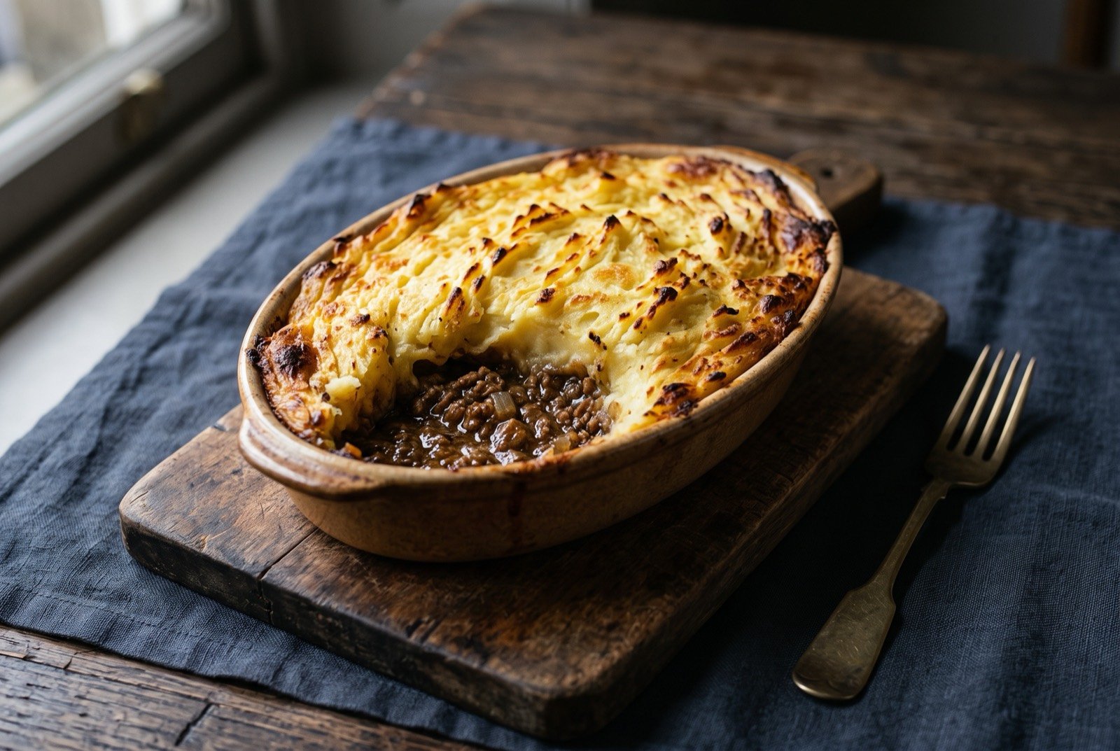 Hachis parmentier, shredded beef under a golden baked layer of buttery mashed potato: a rustic gratin dish with a deeply golden, blistered crust of mashed potato, a corner cut away to reveal a rich, dark shredded beef filling beneath.