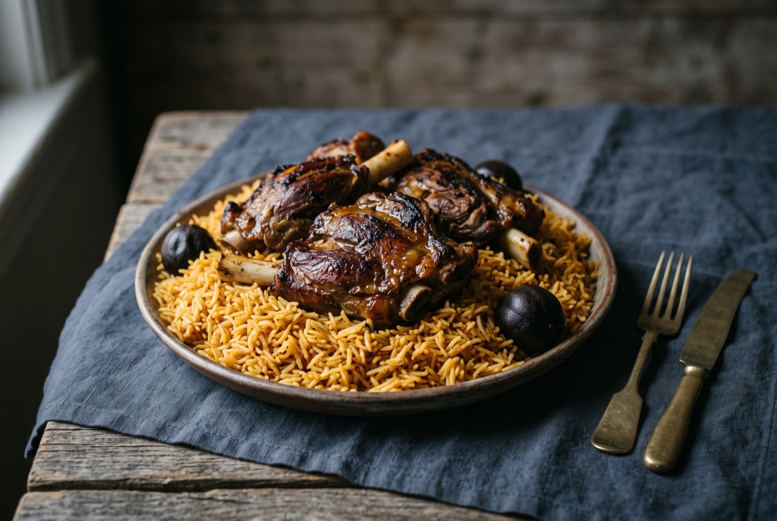 Hadhrami mandi, mutton and rice smoked in a sealed pit: a large mound of golden basmati rice on a wide platter, deep bronze pieces of pit-roasted mutton on the bone arranged on top.