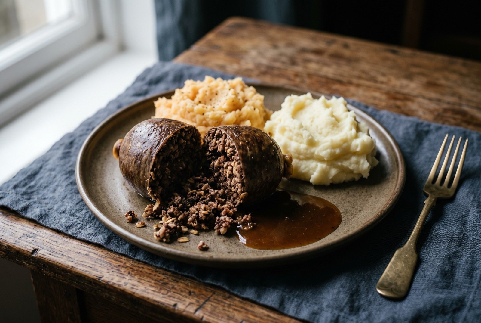 Haggis, neeps and tatties: a round, dark mahogany-brown haggis split open on a plate, its crumbly minced interior spilling slightly, beside a neat mound of pale golden mashed swede and a separate mound of buttery mashed potato.