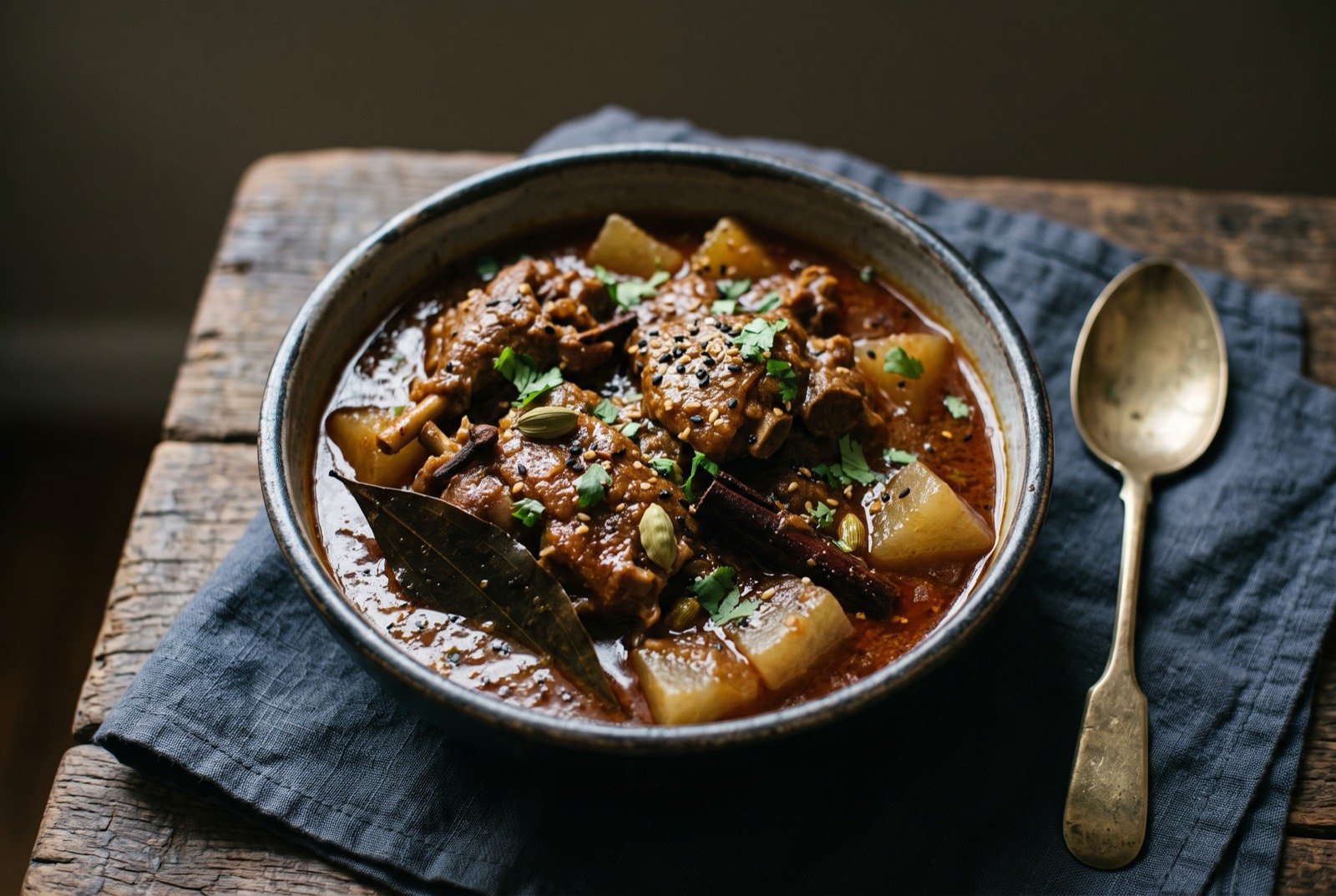Hah mangxo, an Assamese duck curry: bone-in duck pieces in a dark reddish-brown, richly reduced gravy, the surface glistening with rendered duck fat.