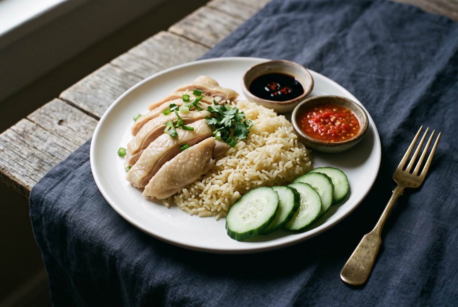 Hainanese chicken rice, poached chicken sliced over rice cooked in the poaching stock: a white plate of pale, silky-skinned poached chicken sliced and fanned over a mound of glistening pale yellow rice, cucumber slices at the edge.