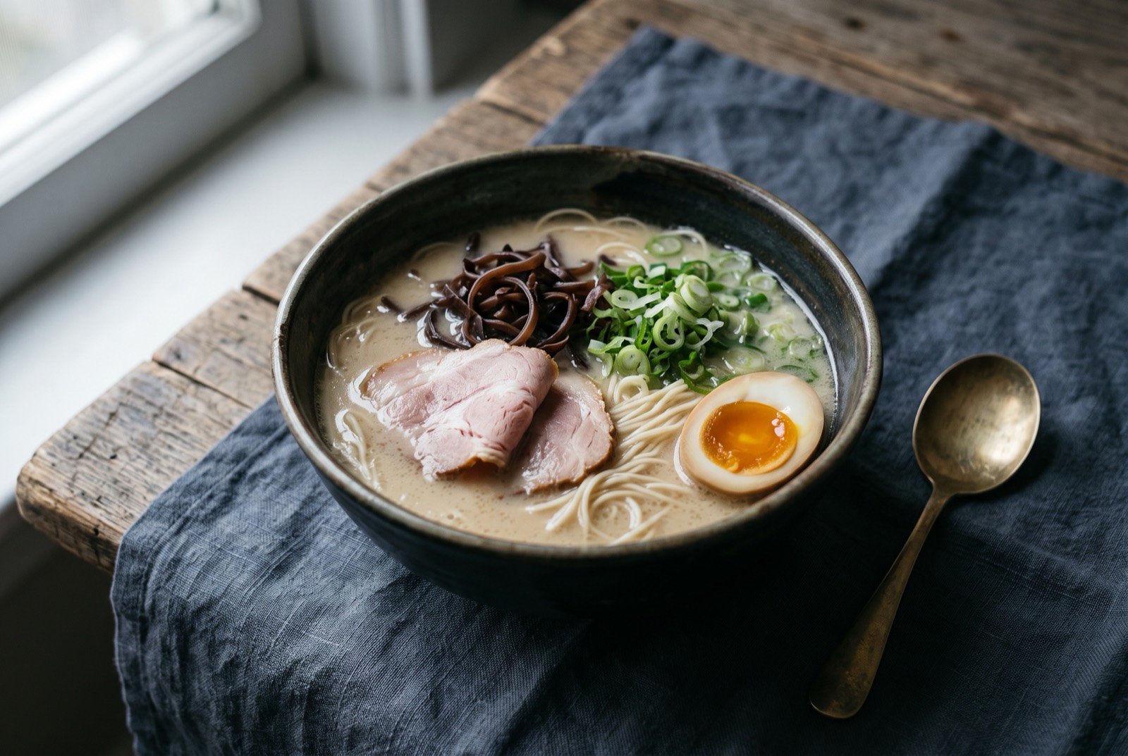 Hakata tonkotsu ramen: a deep bowl of dense, milky white opaque broth, thin straight pale noodles just breaking the surface, two folded slices of pink chashu pork resting on top.