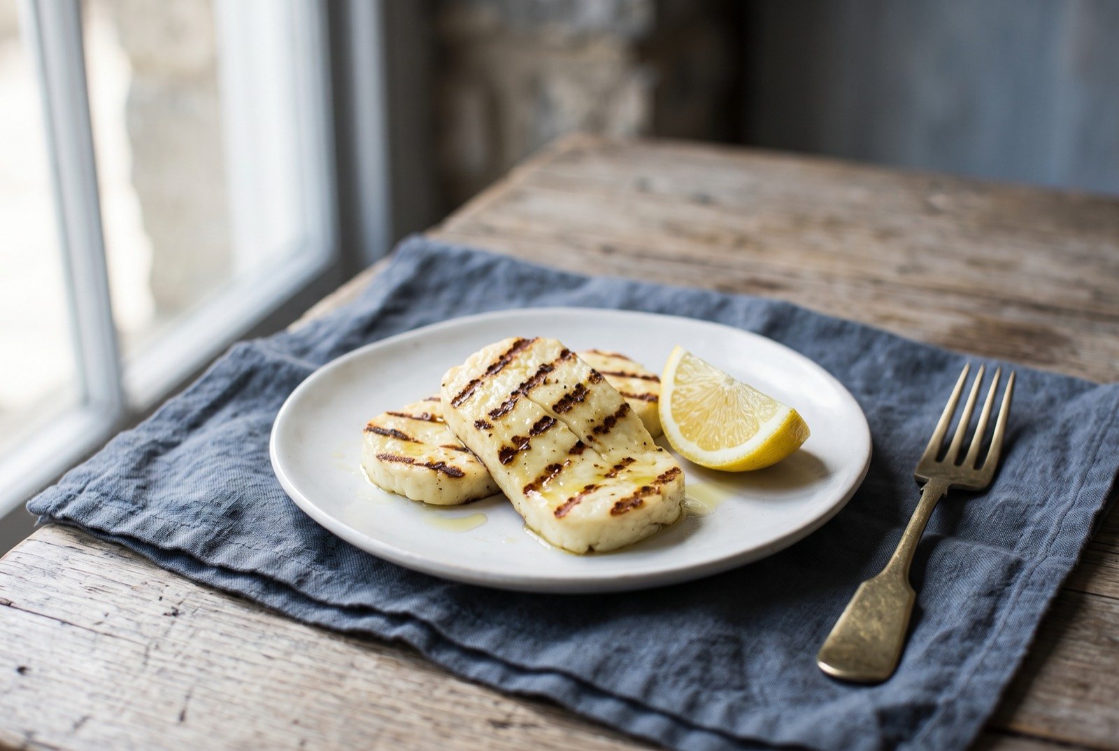 Grilled halloumi, thick sliced Cypriot cheese charred hard on a hot grill: thick slices of pale ivory halloumi cheese with deep golden brown grill marks across the surface, a slight glisten of olive oil.