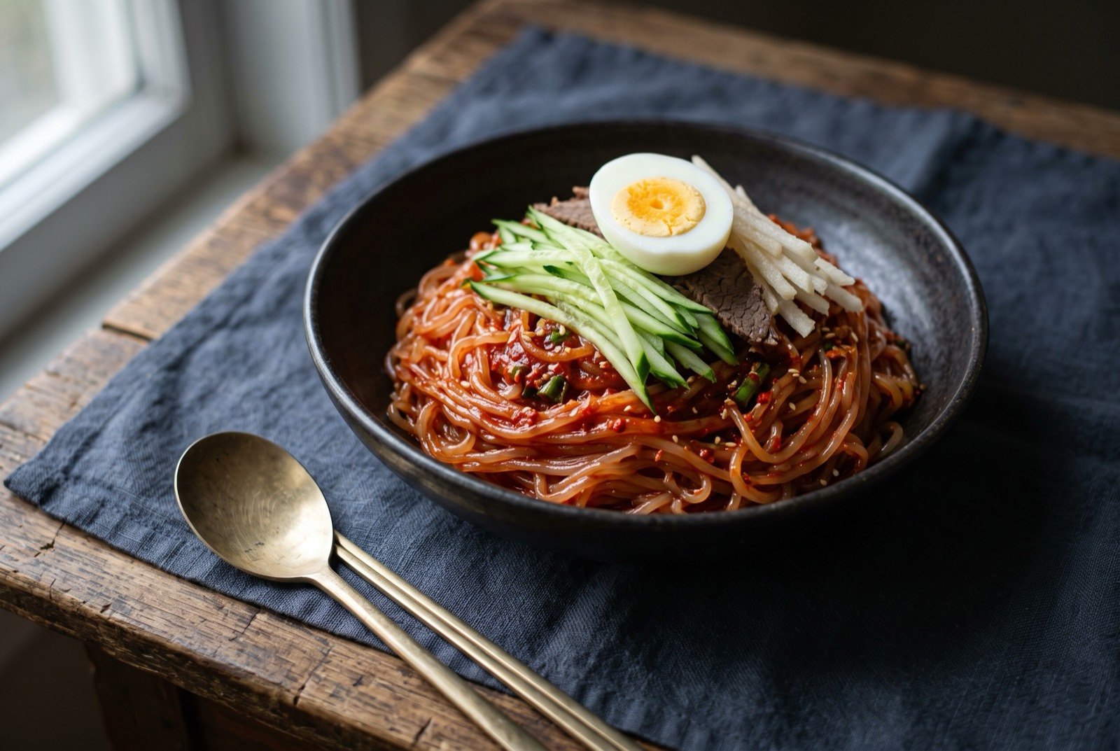 Hamhung bibim-naengmyeon, chewy potato starch noodles tossed in a hot red chilli dressing: translucent, springy noodles coated in a thick, vivid red chilli dressing, piled high in a dark bowl, topped with thin cucumber ribbons and half a boiled egg.