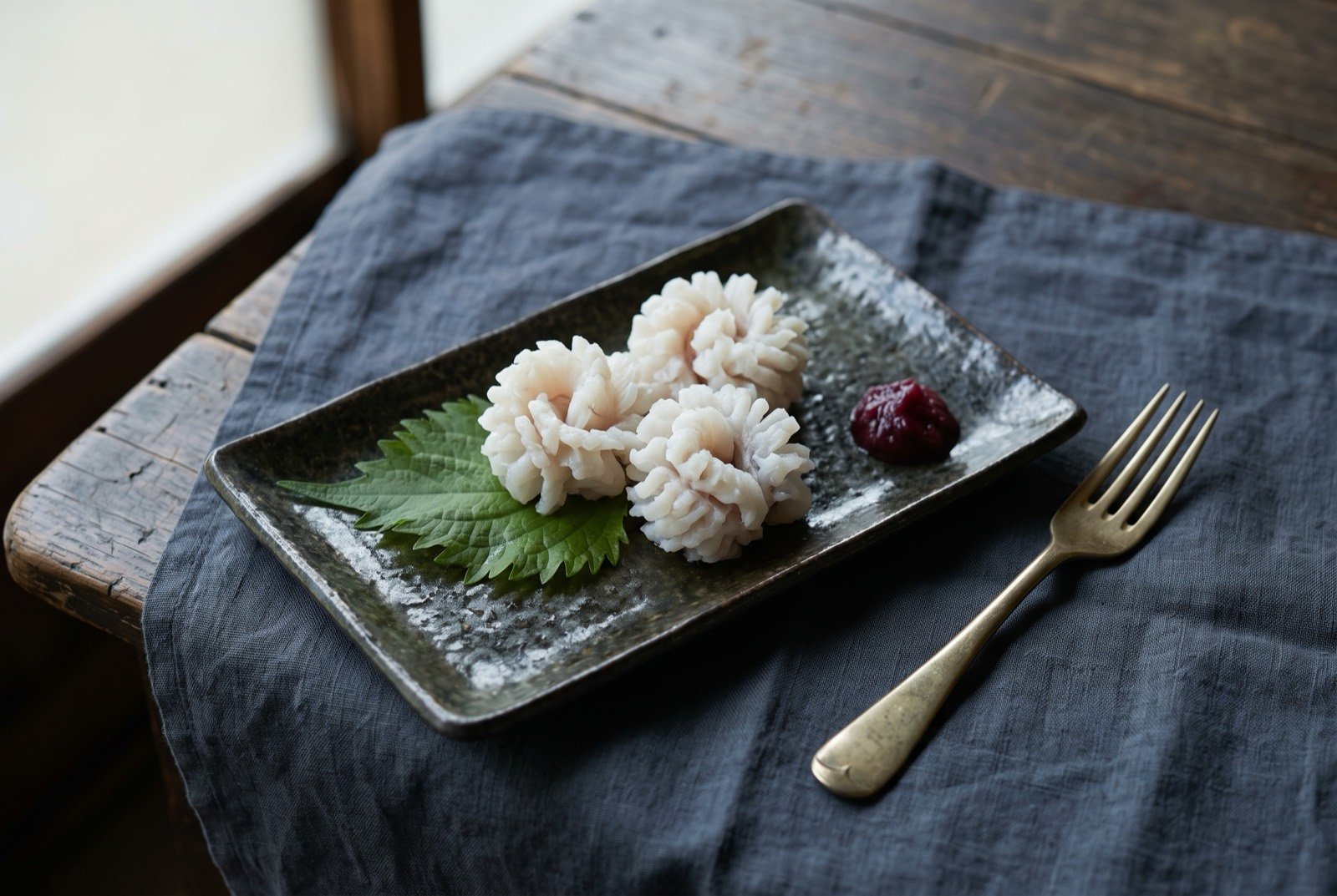 Hamo with hone-kiri, finely bone-cut pike conger curled into a flower shape with plum paste: a few pieces of pale white fish, each finely scored into a tight curled, blossom-like shape, arranged on a dark rectangular plate.