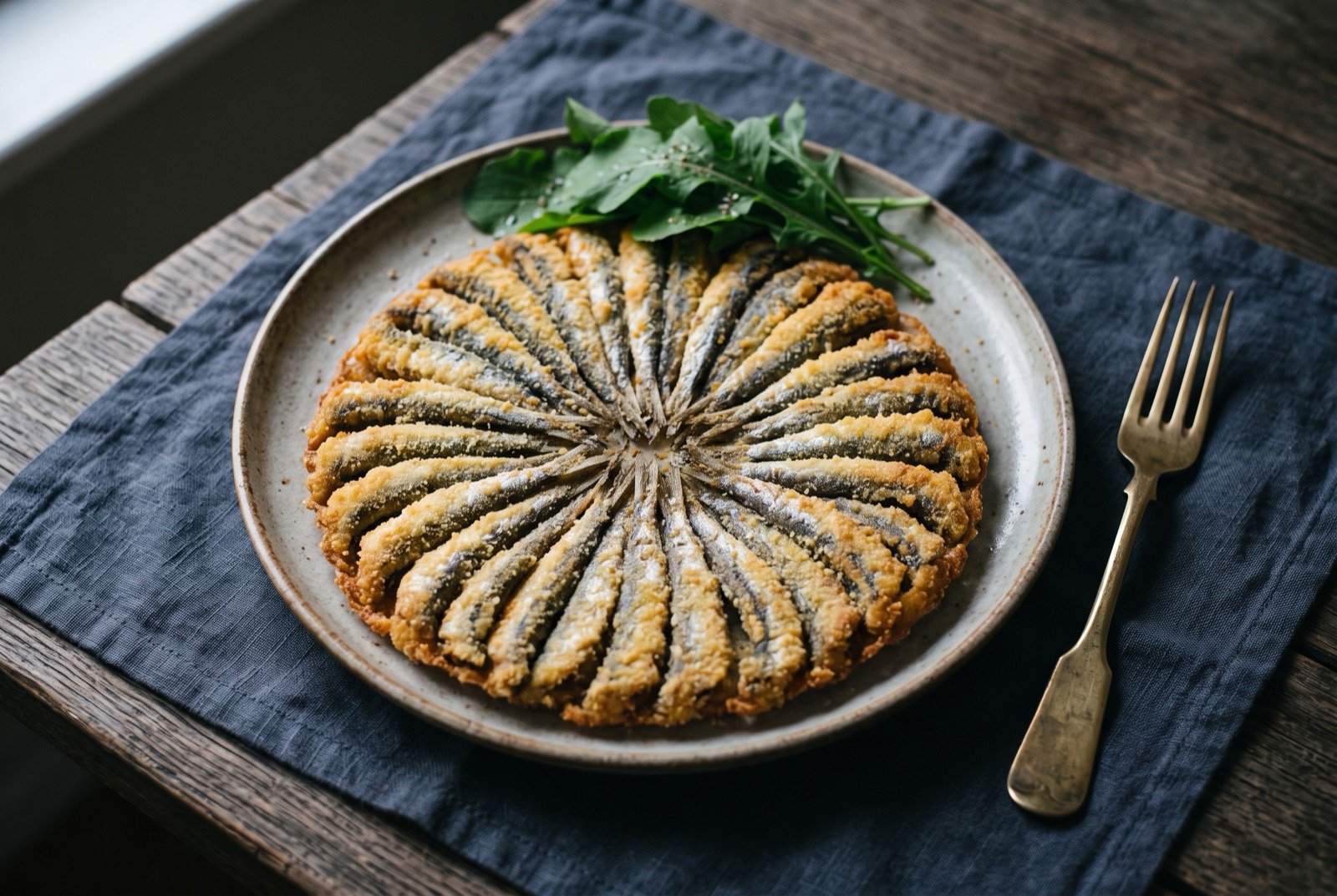 Hamsi tava, cornmeal-crusted anchovy fried and flipped as a single disc: small silvery anchovies coated in pale golden cornmeal, arranged tails to centre in a tight radiating star pattern on a round plate.