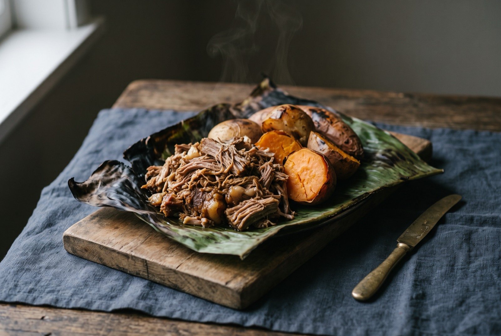 Hāngī, pork and kūmara cooked in the earth oven: a mound of dark golden brown shredded pork beside halved orange kūmara and potatoes on a scorched banana leaf, faint wisps of steam still rising.