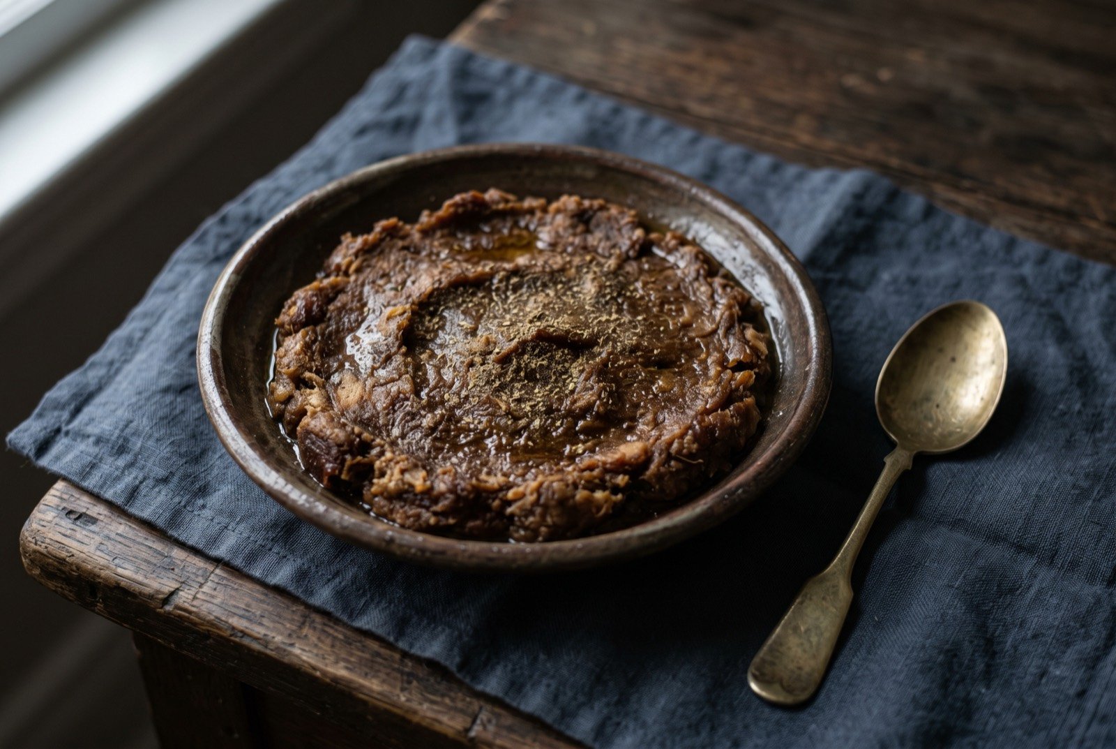Haniny, pounded dates and bread: a shallow dish of dense, dark brown mashed dates and bread pressed together, a faint sheen of butter across the surface.