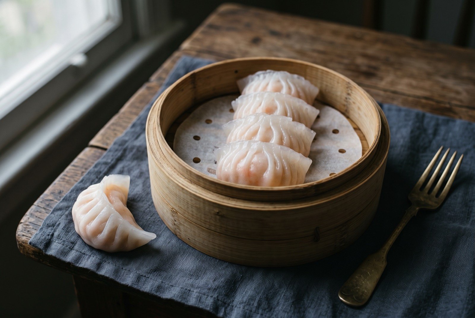 Har gow, translucent pleated dumplings of whole prawn: a bamboo steamer basket holding a tight row of translucent, finely pleated prawn dumplings, pink prawn visible through the thin wrapper.
