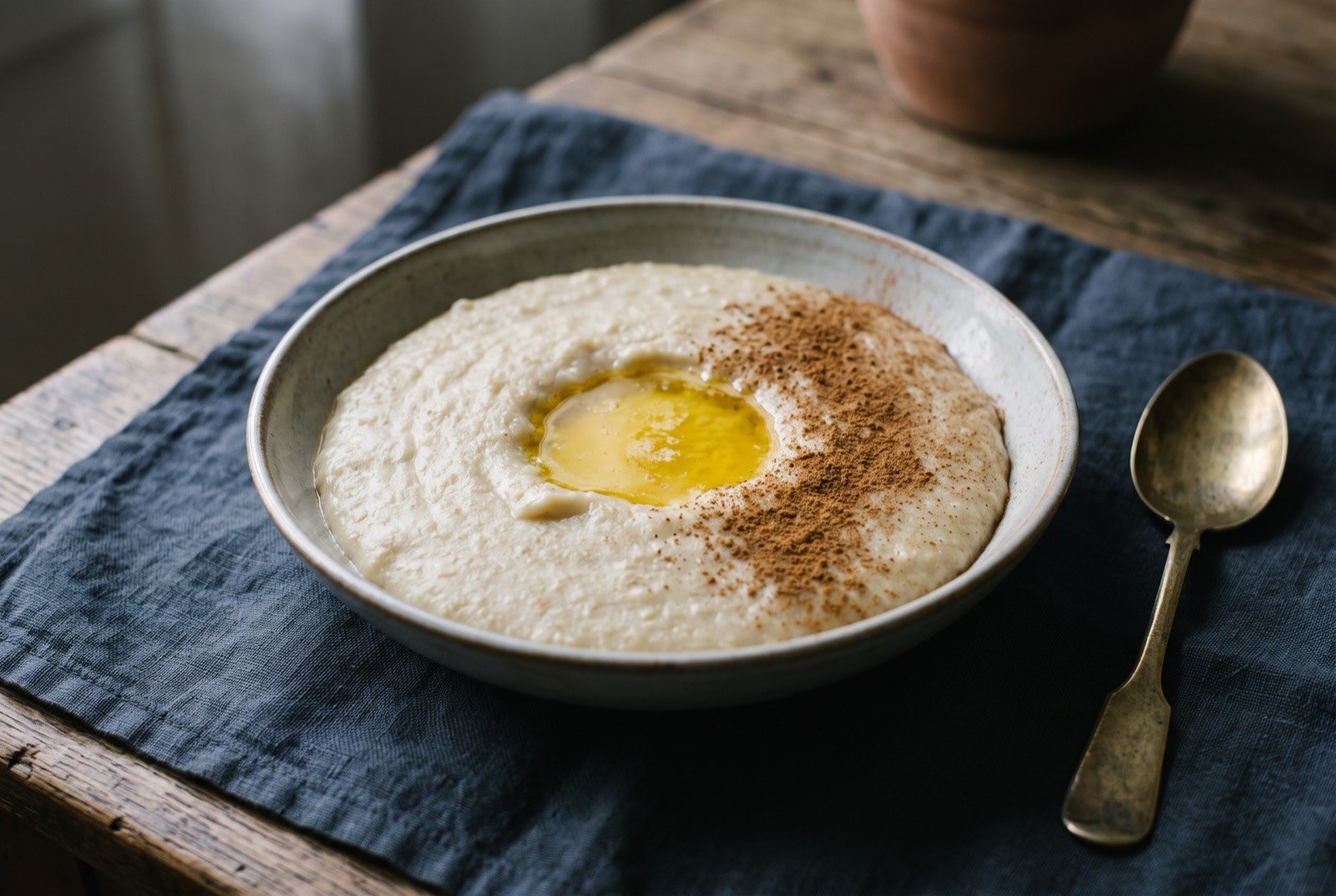Harees, wheat and meat beaten into one dense porridge: a wide shallow bowl of pale, dense, perfectly smooth porridge, its centre pooled with melted golden ghee, a faint dusting of ground cinnamon across one side.