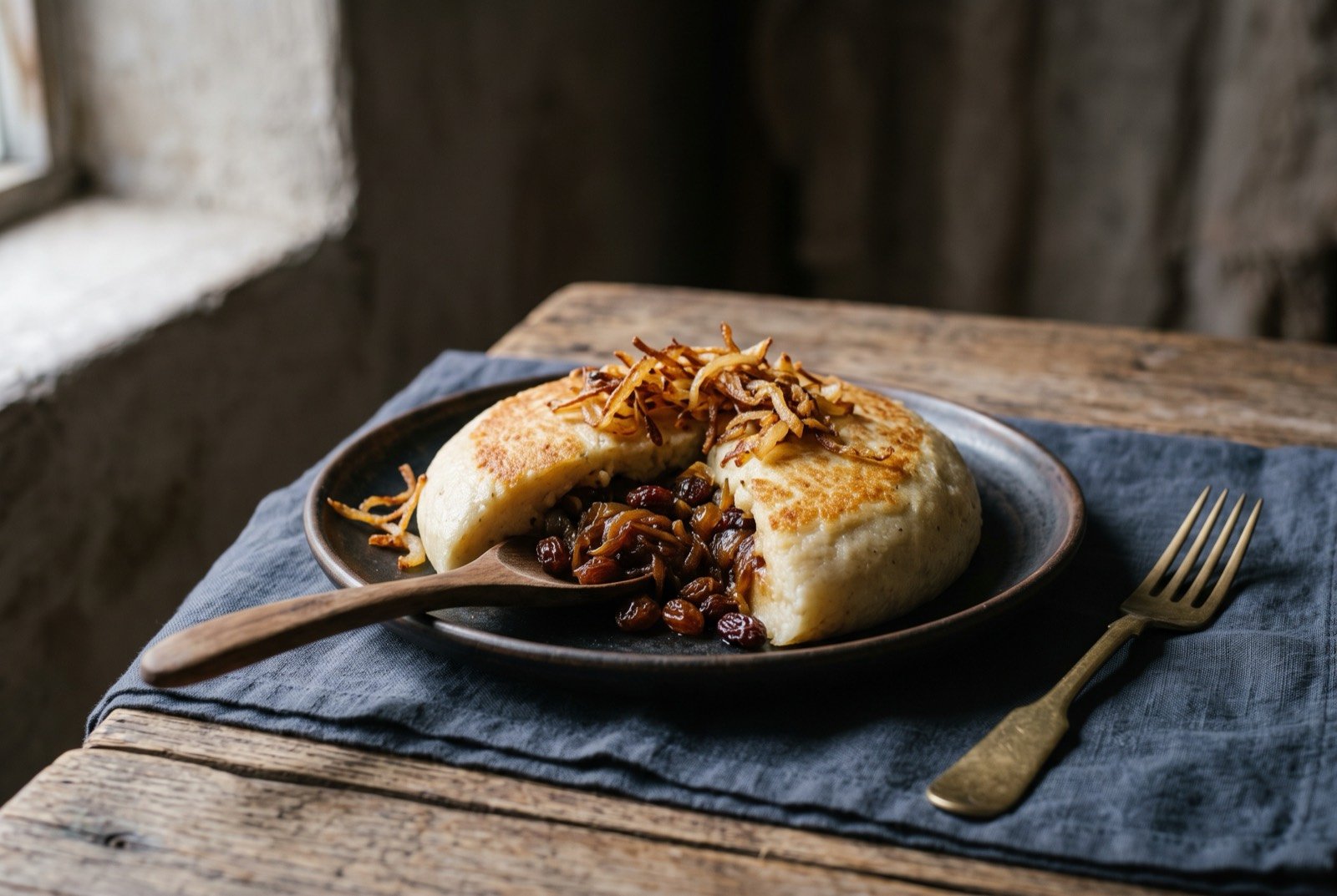 Harees, pounded wheat and meat stuffed with caramelised onion: a pale, smooth mound of beaten wheat and meat paste, seared to a light golden crust on the outside, split open to show a filling of deep caramelised onion and plumped raisins.