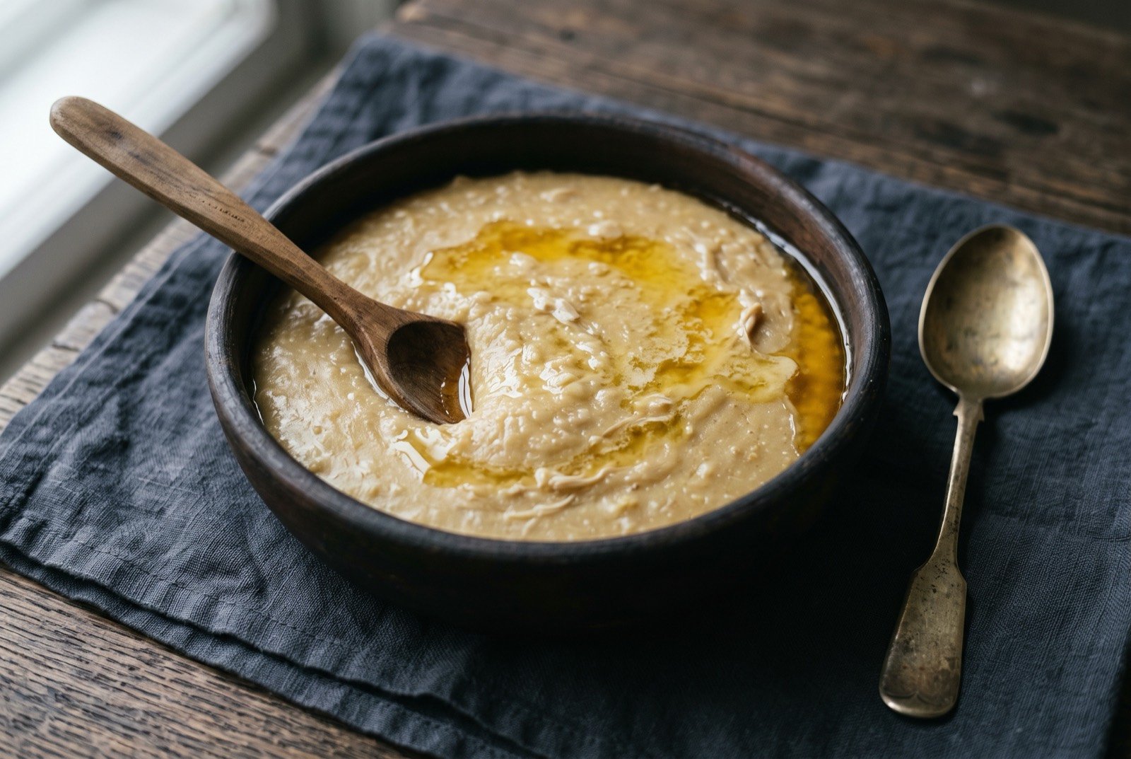 Harisa, a thick porridge of wheat and shredded chicken beaten into one smooth glutinous mass: a wide shallow bowl of pale, dense, glutinous porridge with a smooth almost stretched looking surface, a generous pool of melted butter sitting in a small well at the centre.