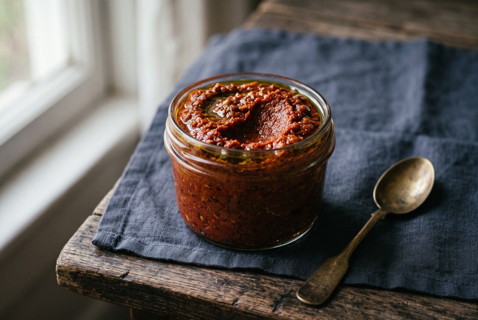 Harissa arbi: A thick, coarse, deep brick red chilli paste heaped in a small glass jar, the surface levelled and sealed under a film of green olive oil. The texture is visibly rough rather than smooth.