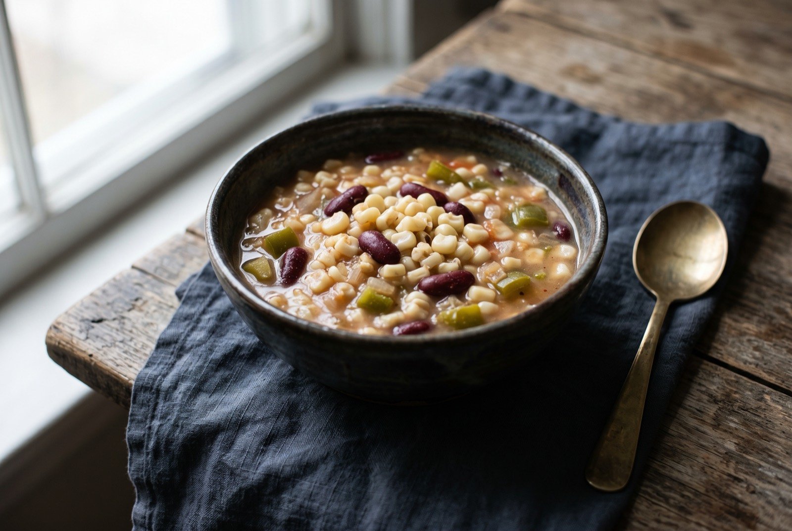 Haudenosaunee white corn and bean soup: a deep bowl of pale, thick soup, kernels of white corn and beans breaking the surface among diced green pepper, a faint red tint from the tomato sauce.