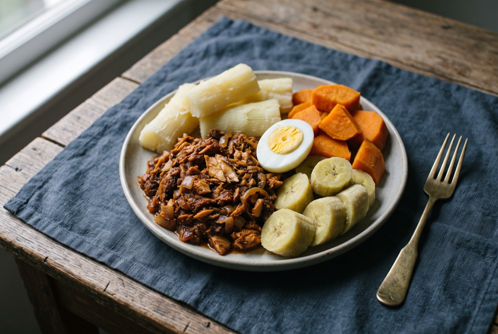 Heri heri, a Surinamese salt cod and root vegetable plate: neat piles of pale boiled cassava, orange sweet potato and pale green plantain arranged around a mound of dark reddish flaked salt cod stew.