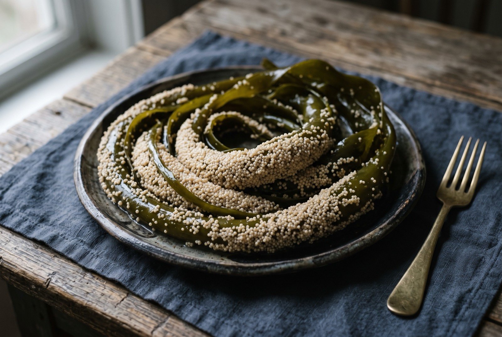 Herring roe on kelp, k'aaw, roe laid directly onto harvested kelp fronds: long, glossy dark green kelp fronds coiled on a plain platter, their surface entirely studded with a dense, pale creamy crust of tiny herring eggs.