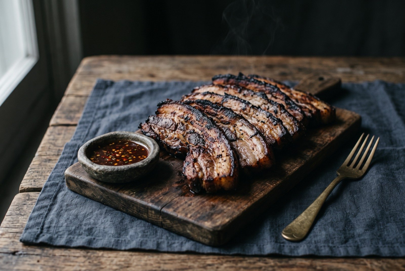 Heuk-dwaeji geun-gogi, thick grilled black pork with melchoet dip: thick, deeply charred slices of dark marbled pork belly fanned out on a wooden board, a small stone dish of reddish-brown fermented anchovy dipping sauce alongside.