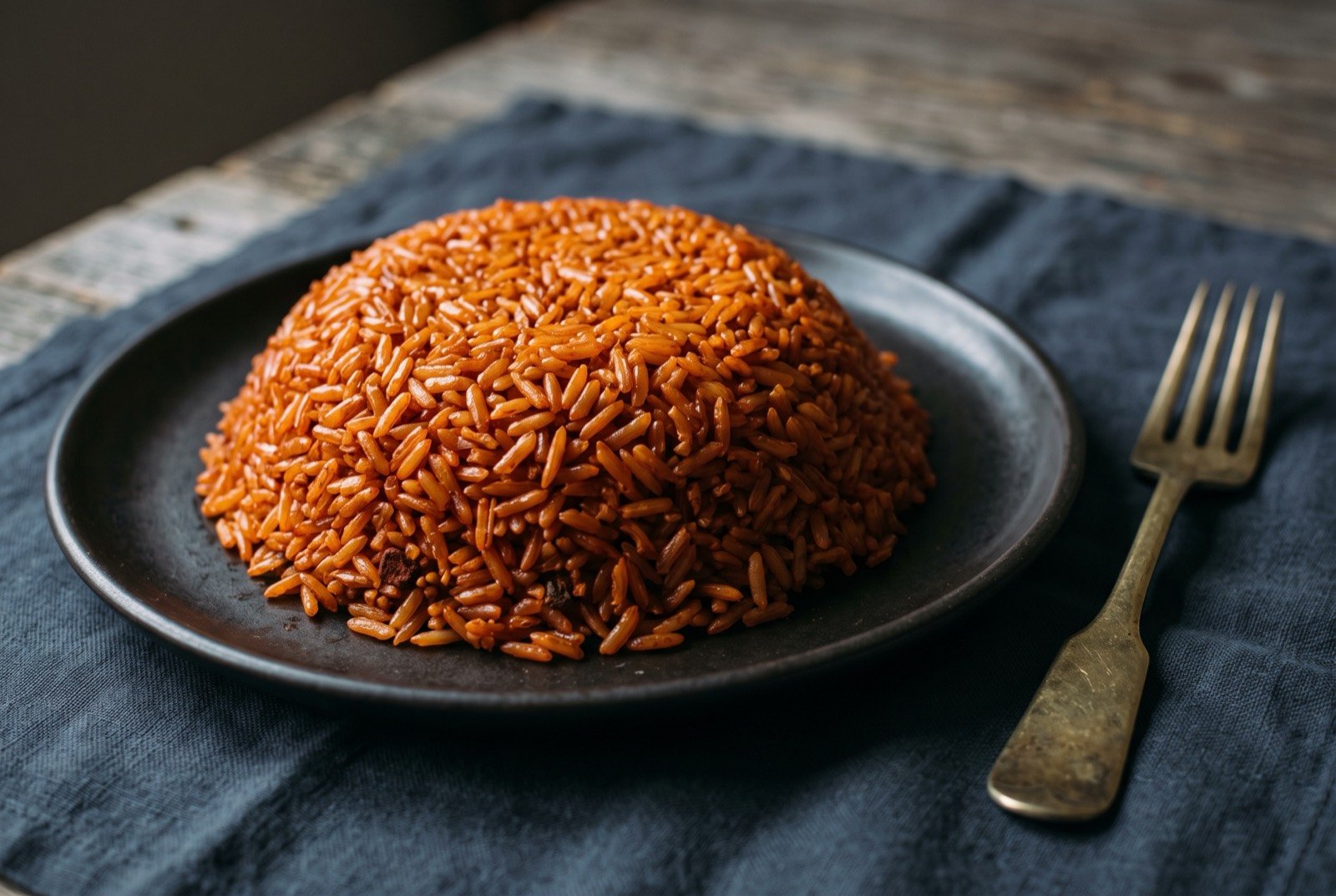 Hineksa' aga'ga', achote stained red rice: a mounded pile of long grain rice stained a deep brick orange red, every grain distinct and glossy, served on a plain dark plate.