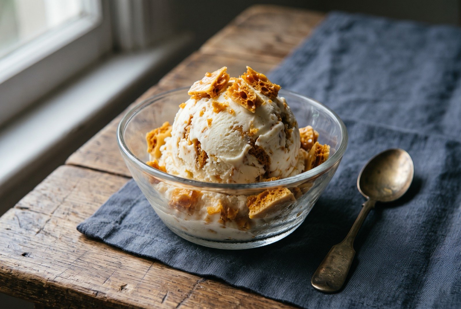Hokey pokey ice cream, vanilla ice cream studded with honeycomb toffee: a scoop of pale cream ice cream in a glass bowl, dense golden amber honeycomb toffee shards embedded through it and scattered over the top.