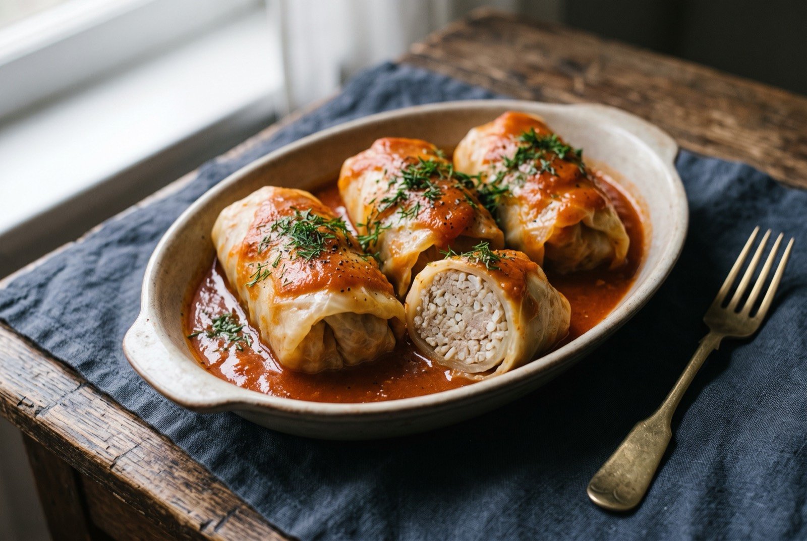 Holubtsi, fermented cabbage leaves rolled around minced pork and rice, baked in a reduced tomato sauce: four tightly rolled pale, faintly translucent cabbage parcels arranged in a shallow oval dish, coated in a thick, glossy.