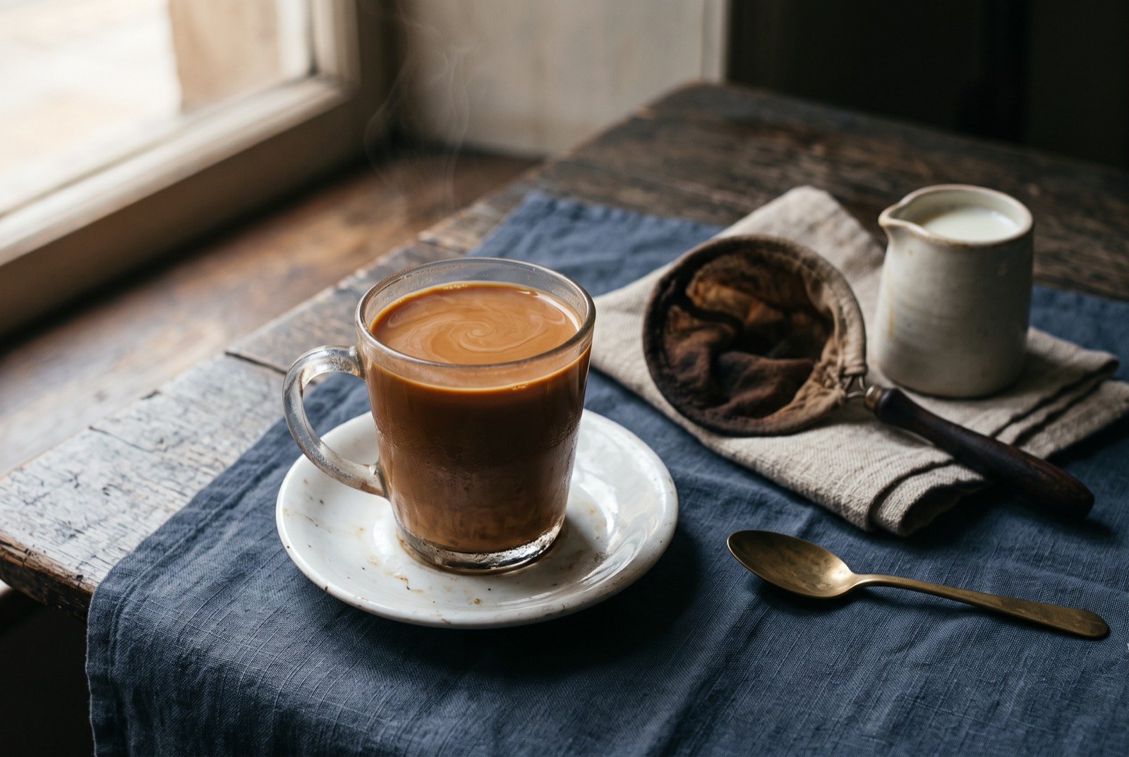Hong Kong milk tea, sock-strained black tea with evaporated milk: a glass mug of deep amber brown milk tea on a chipped white saucer, a thin skin of paler milk swirled just under the surface.