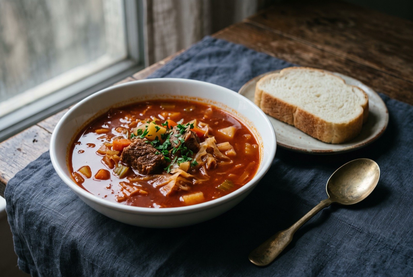 Hong Kong-style borscht, a tomato-based red soup: a deep white bowl of glossy red-orange soup, chunks of tender beef brisket, soft cabbage and potato visible beneath the surface.