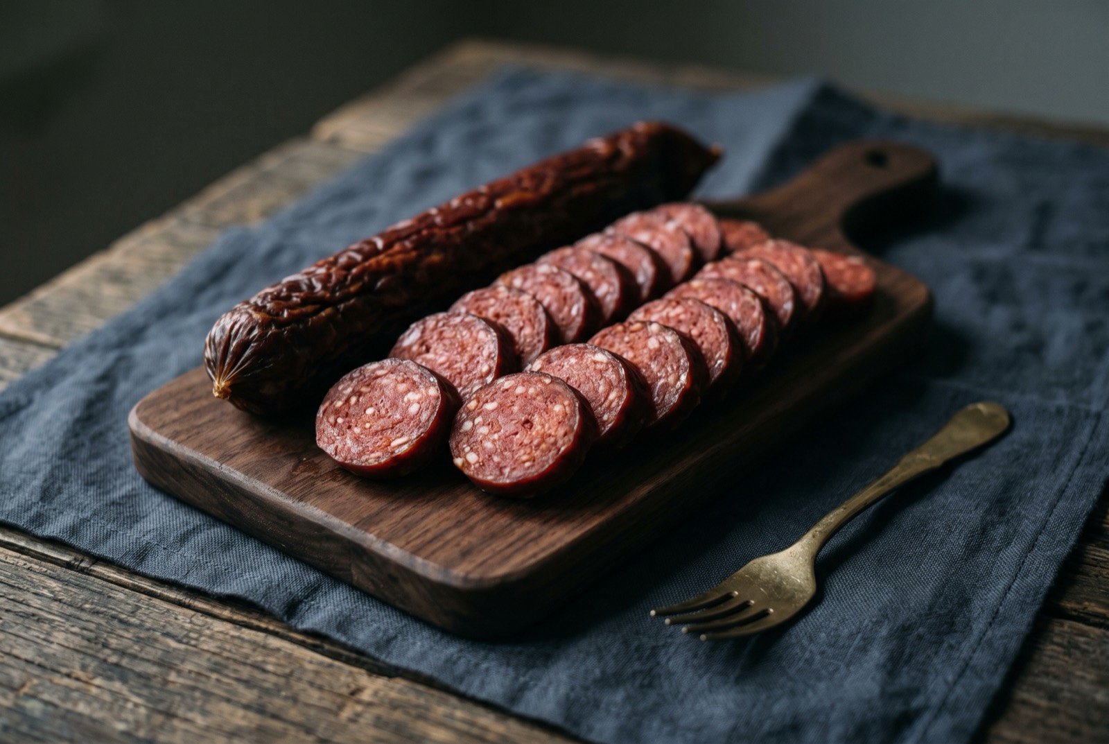 Hongchang, Harbin's smoked and cured red sausage: several thick rounds of deep brick red sausage sliced and fanned across a small dark wooden board, the cut surface showing a fine.