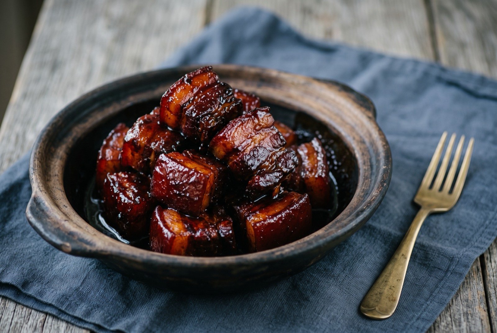 Hongshao rou, red-braised pork belly reduced to a self-forming glaze: cubes of dark red-braised pork belly stacked loosely in a shallow clay pot, each piece glazed in a thick, glossy mahogany sauce with no visible starch or cornflour sheen.