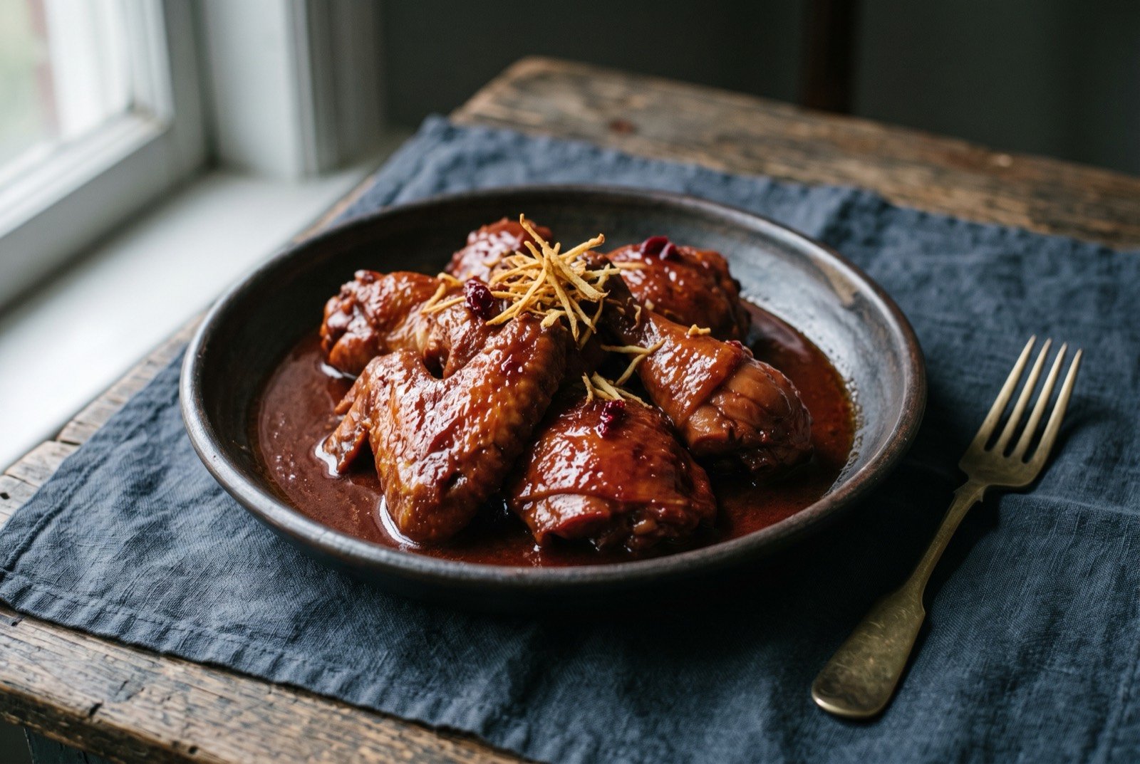 Hongzao chicken, chicken braised in red fermented rice lees: bone-in chicken pieces glazed a deep rosy red-brown, glossy with a thick reduced sauce, scattered with fine shreds of fried ginger.