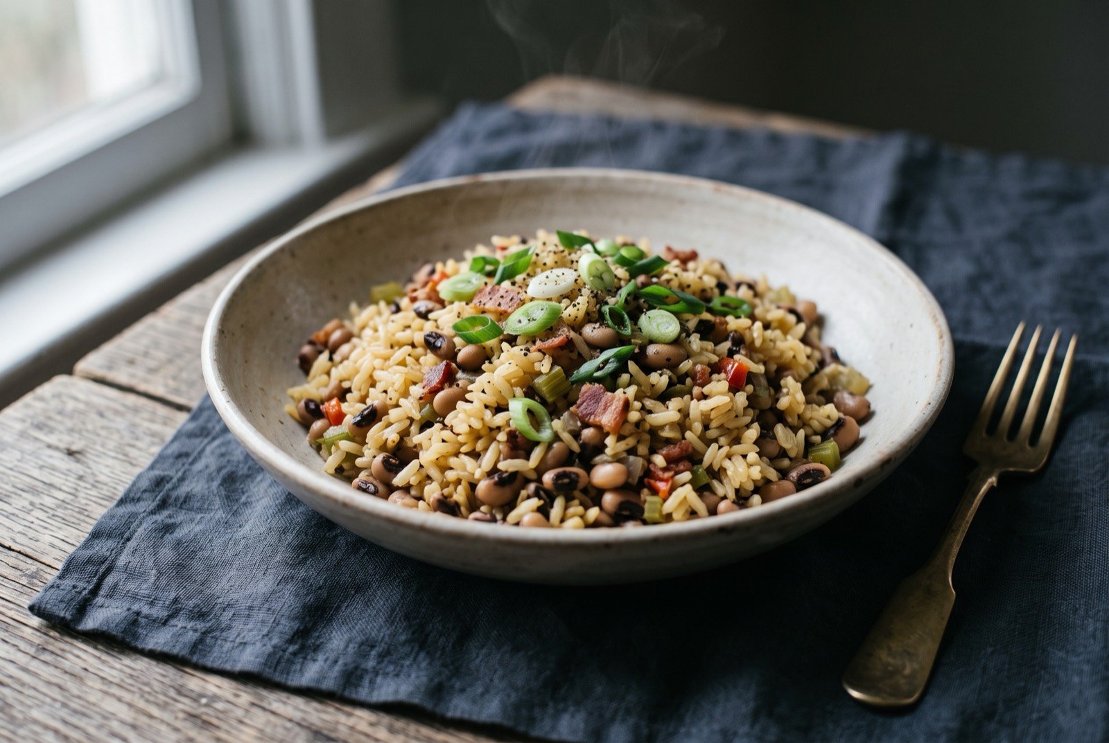 Hoppin' John, black-eyed peas and Carolina Gold rice cooked in one pot: a wide shallow bowl of pale golden rice studded with dark speckled black-eyed peas, a few flecks of crisp bacon and sliced spring onion scattered across the top.