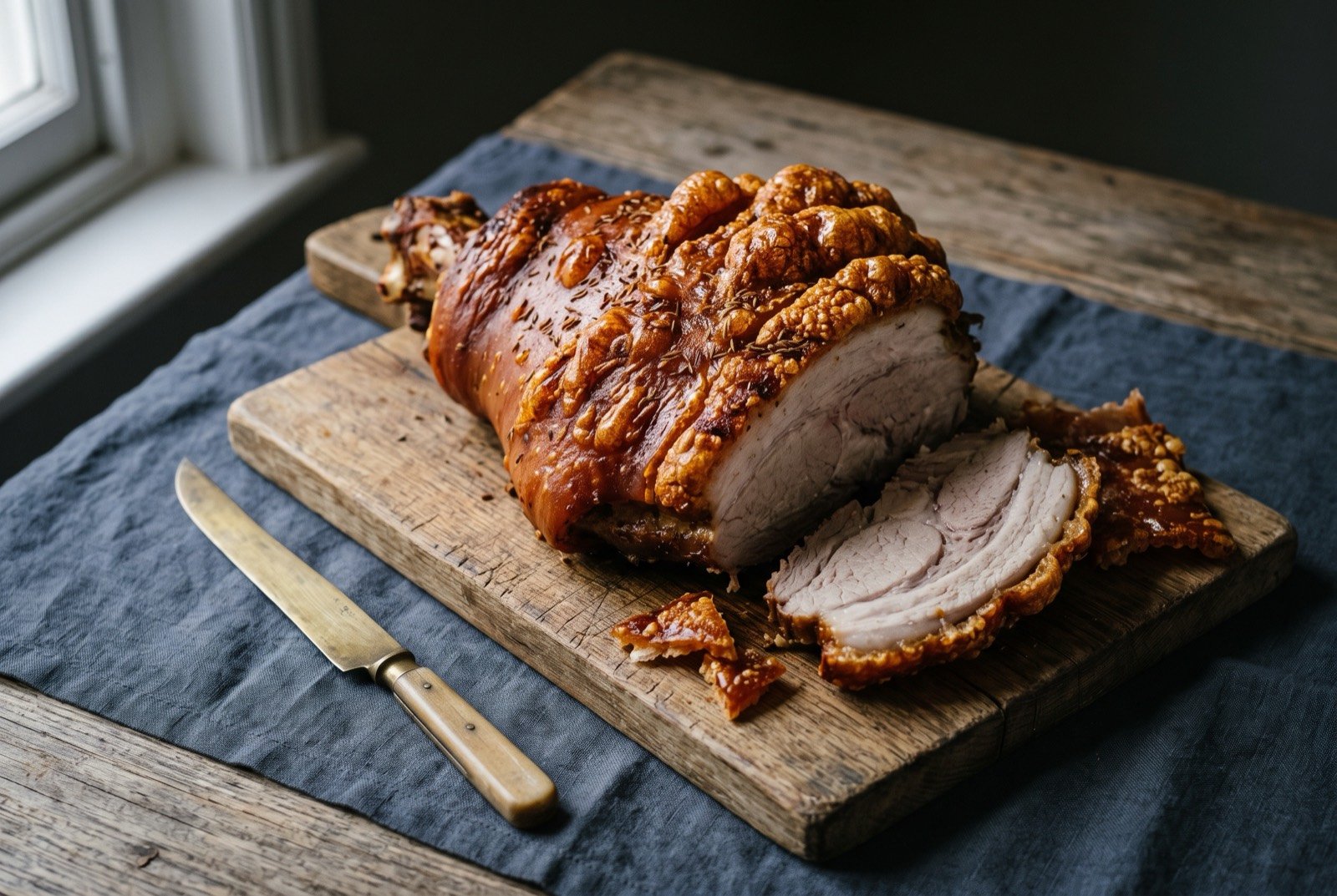 Hornado, a whole roast pork leg with crackling skin: a bronzed, whole roast pork leg with deeply blistered, crackled amber skin resting on a wooden board, one thick slice cut away to reveal pale.