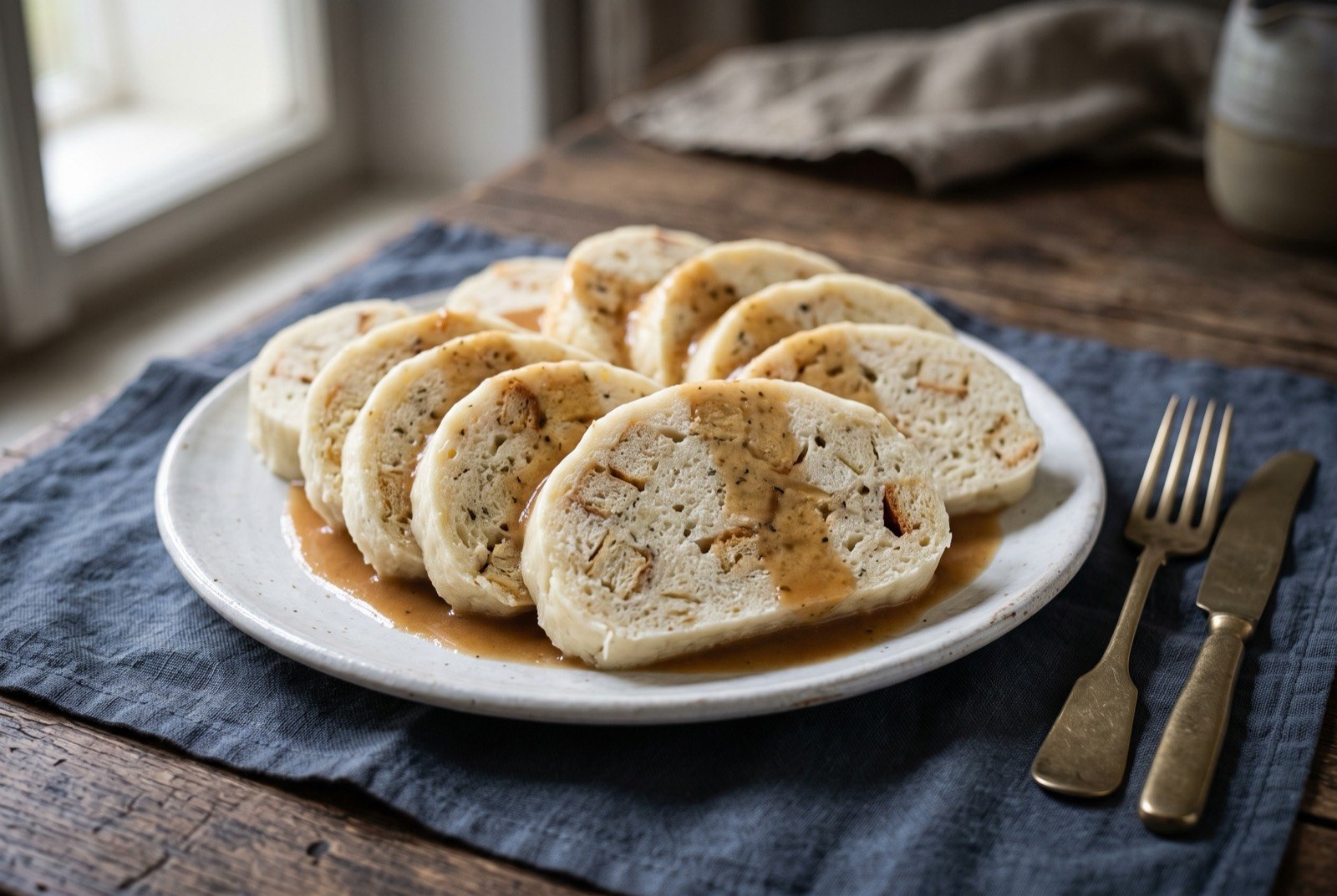 Houskový knedlík, a steamed bread dumpling: several thick pale ivory slices of steamed bread dumpling fanned on a white plate, each slice showing a distinct mosaic of diced bread cubes suspended through the soft crumb.