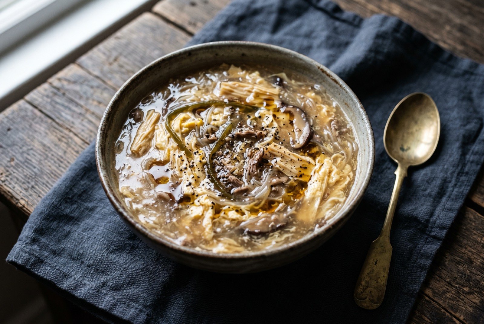 Hu la tang, spiced thick breakfast soup: a deep bowl of thick, glossy pale brown soup, its surface dense with visible strands of vermicelli, shredded egg sheet, beancurd skin and kelp.