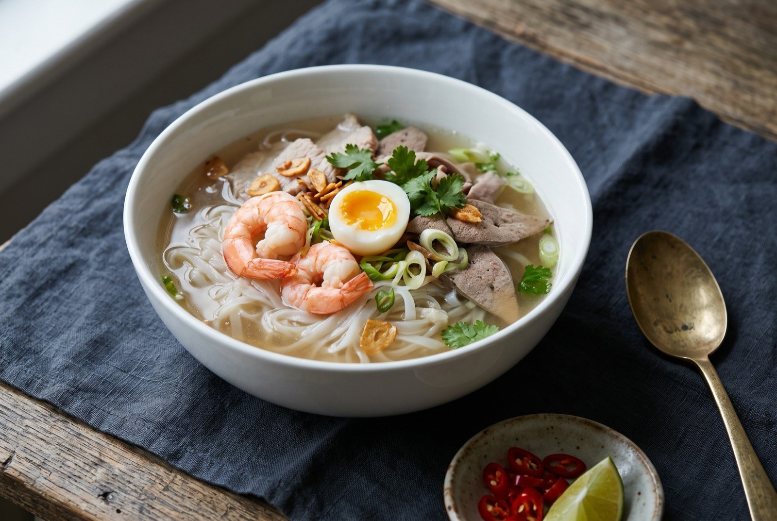 Hủ tiếu Nam Vang, a clear pork and seafood broth over rice noodles, piled with shrimp, sliced pork, offal and a soft boiled quail egg: a deep white bowl of pale golden clear broth, thin flat rice noodles submerged beneath a generous pile of pink shrimp, sliced pork and pork liver.