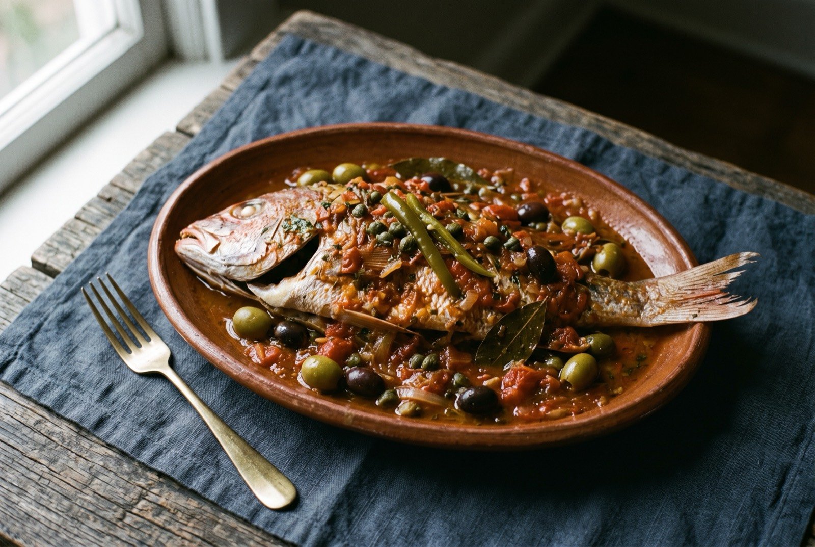 Huachinango a la veracruzana, whole red snapper in an olive and caper tomato sauce: a whole baked red snapper on an oval earthenware platter, its skin just visible beneath a thick, glossy reddish tomato sauce studded with whole green and black olives and a scattering of capers.