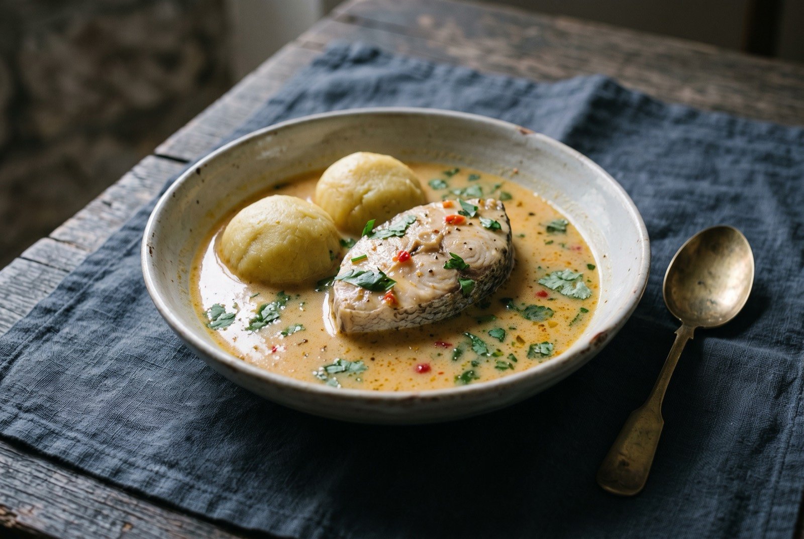 Hudut, mashed plantain with fish in coconut broth: a shallow bowl of pale golden coconut broth with a whole poached fish medallion breaking the surface, two smooth pale plantain mash balls resting half submerged at the bowl's edge.