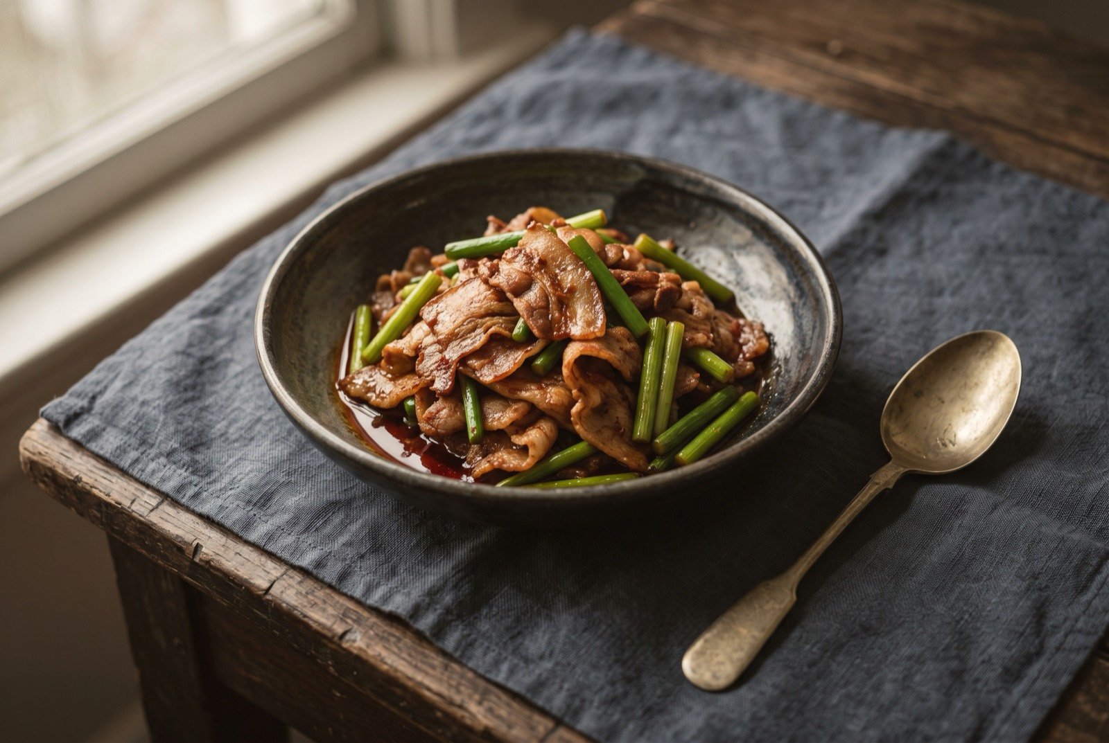 Huiguorou, twice-cooked pork belly with garlic shoots in doubanjiang: thin curled slices of pork belly with lightly rendered, blistered fatty edges, tossed with bright green garlic shoot batons in a deep red-brown doubanjiang glaze.