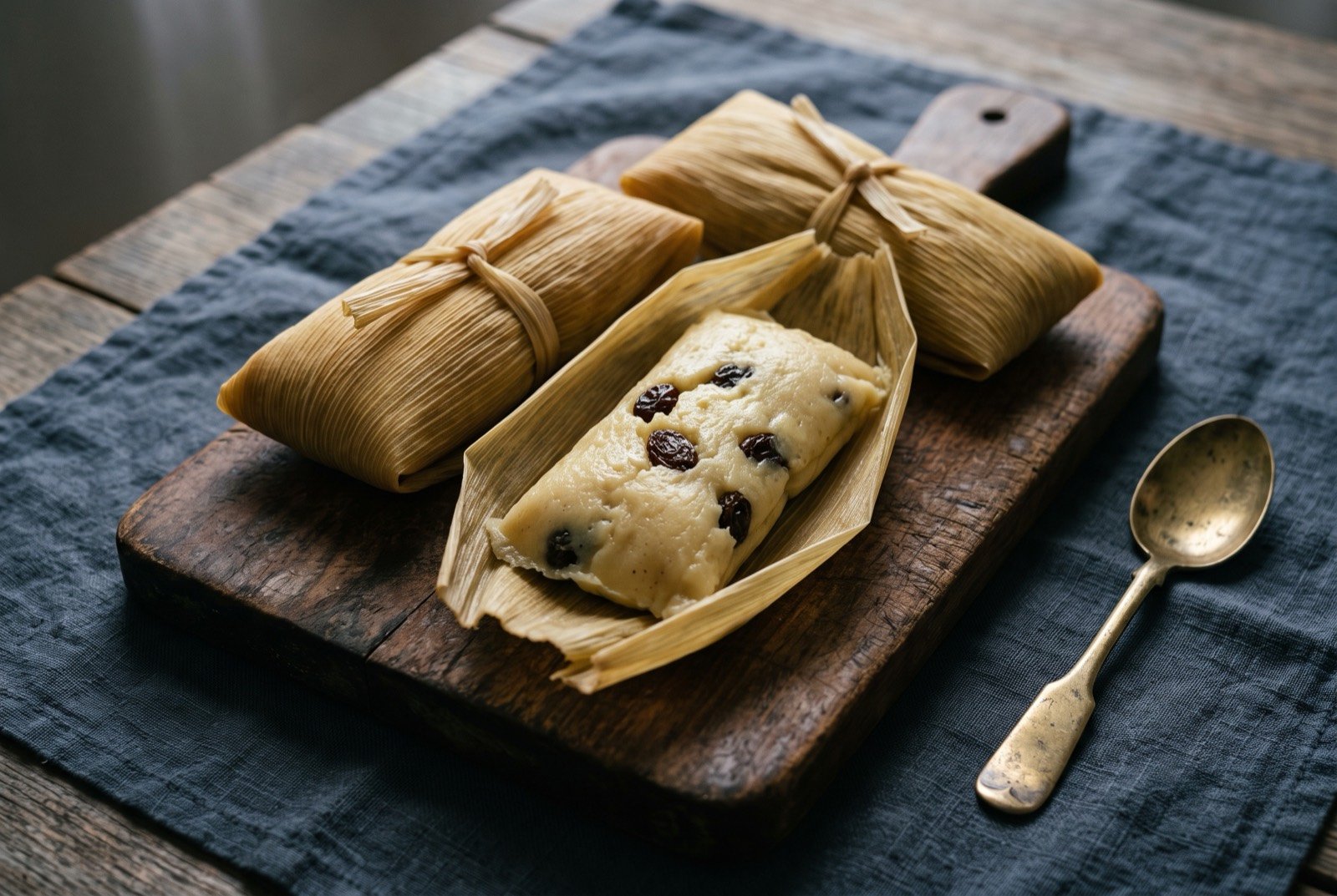 Humitas cusqueñas, sweet corn pudding in husk: a few golden corn husk parcels tied with a thin strip of husk, one opened to reveal a pale creamy sweet corn pudding studded with dark raisins.
