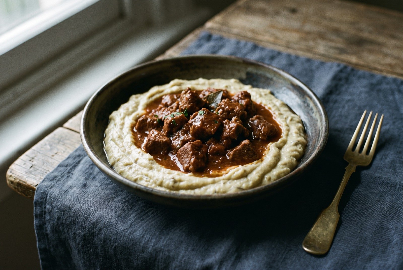 Hünkar beğendi, smoked aubergine purée under a slow lamb stew: a pale, faintly smoky aubergine purée swirled into a shallow bowl, a ladle of dark reddish brown cubed lamb stew in glossy sauce spooned over the centre.